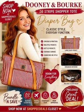 Dooney & Bourke DB Stripe Shopper Tote Diaper Bag Red White Canvas Leather